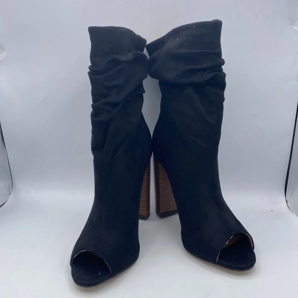 FSJ Black Stylish Peep Toe Slouch Chunky Stacked Heels Ankle Boots - Picture 2 of 13